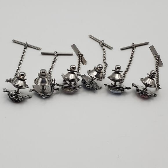 (6) Silver Tone Stone Cabochon Turtle Tortoise Shaped Tie Tack Chain 1-1/2" Vtg - Picture 4 of 7